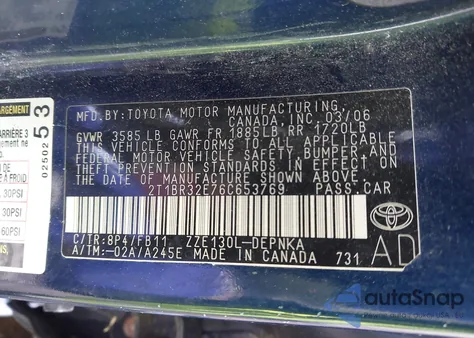 2006 Toyota Corolla Le z USA, uszkodzony, nr VIN 2T1BR32E76C653769